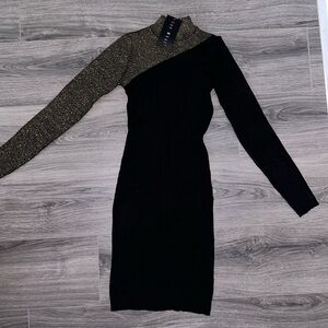 Medium sized gold and black Midi dress.
